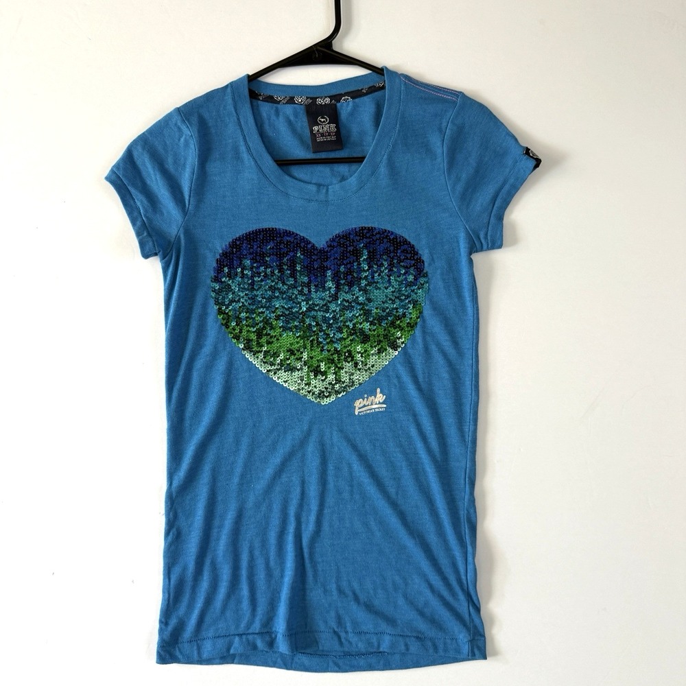 PINK‎ Womens Y2K Blue Sequin Ombre Heart Graphic T-Shirt Slim Fit Size XS Preppy